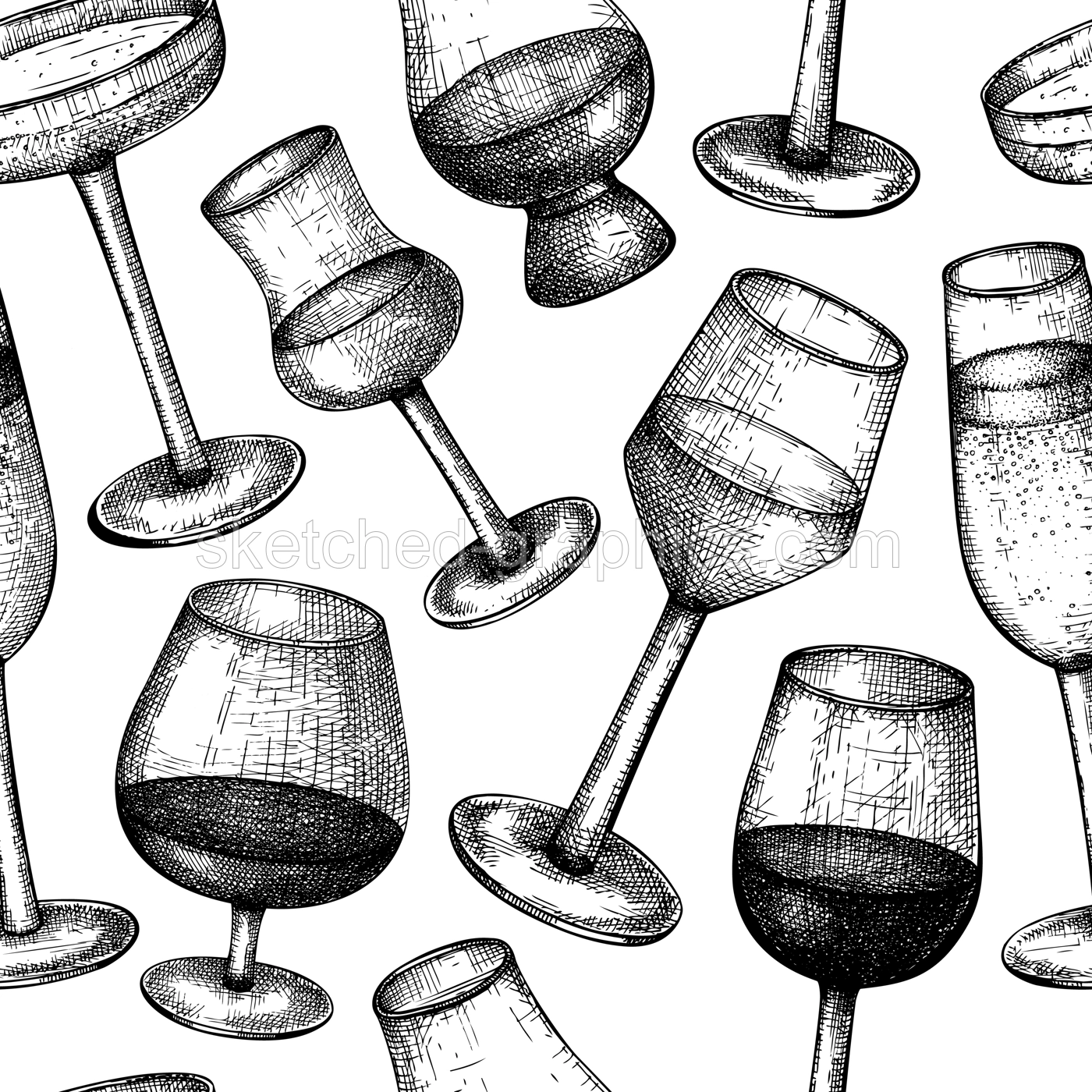 Alcoholic beverages seamless pattern. Hand-sketched alcoholic drinks glasses background. Popular alcohol drinks backdrop for bar or restaurant menu isolated on white background. Vintage bar design. Illustration